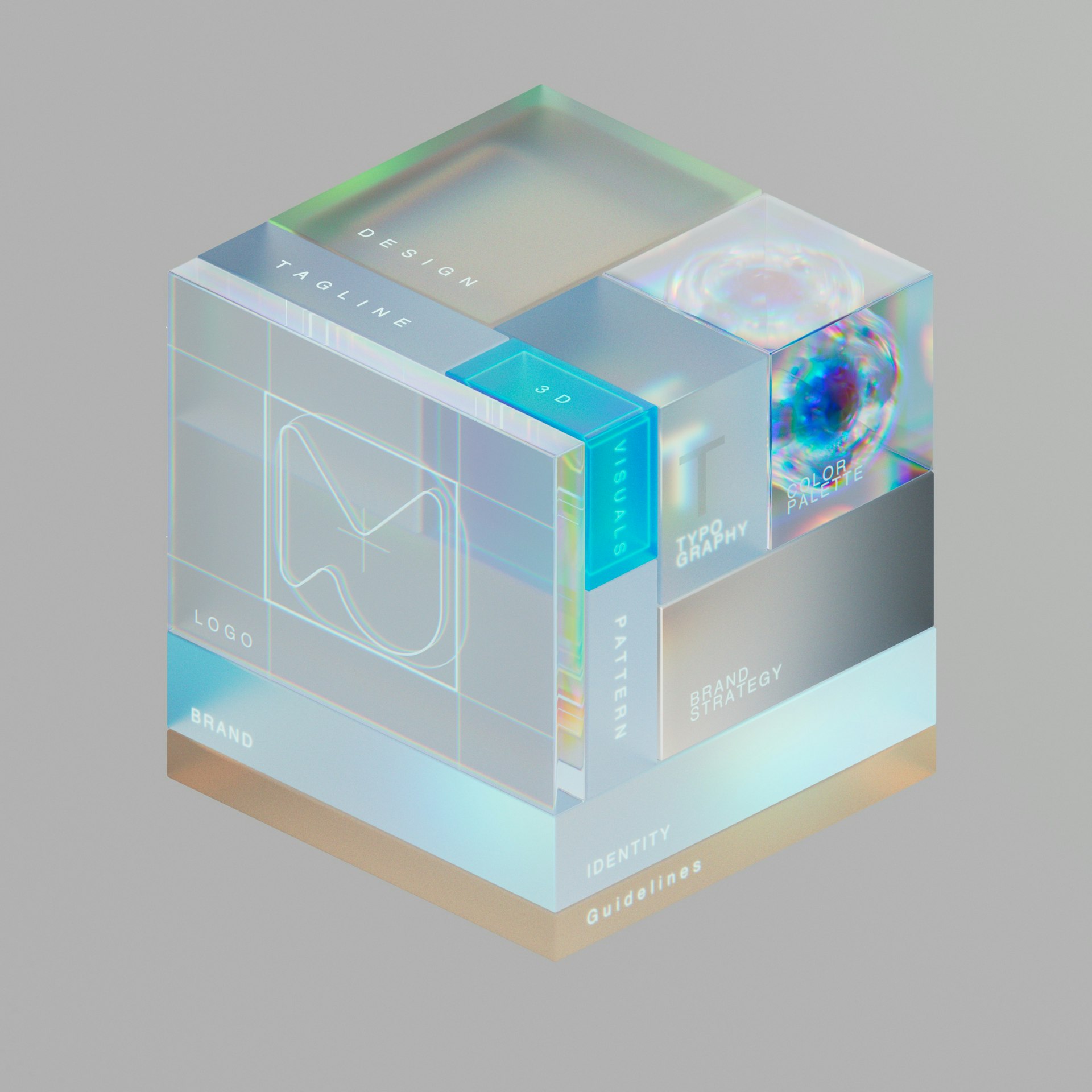 A clear cube with a blue and white design on it